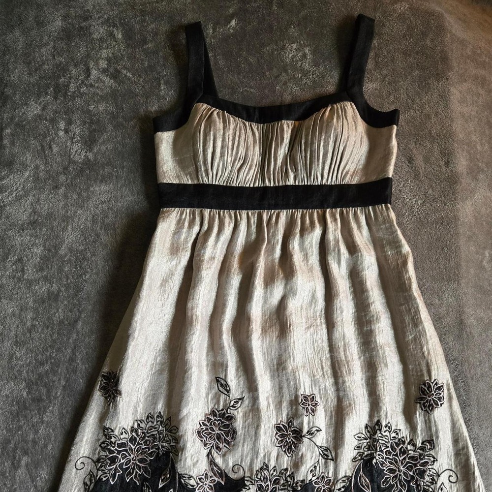 SL Fashions Womens Floral Embroidered Beaded Empire Waist Dress Black Cream 10